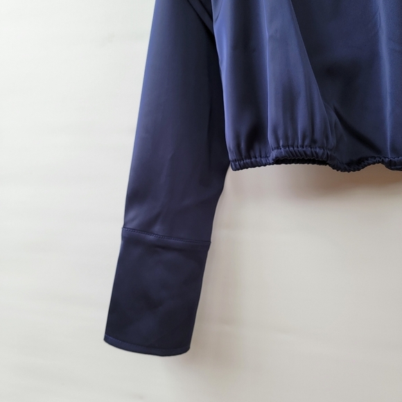 Good American Long Sleeve Stretch Satin Faux Wrap Top Womens XS Navy Blue French - Picture 5 of 16